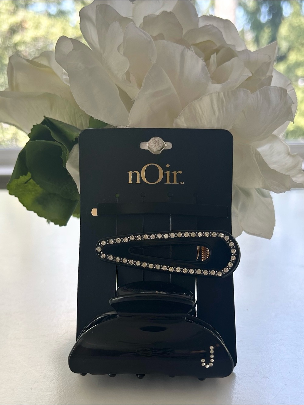 Noir Black & Rhinestone "J" Initial 3 pc Hair Clip Set, NWT